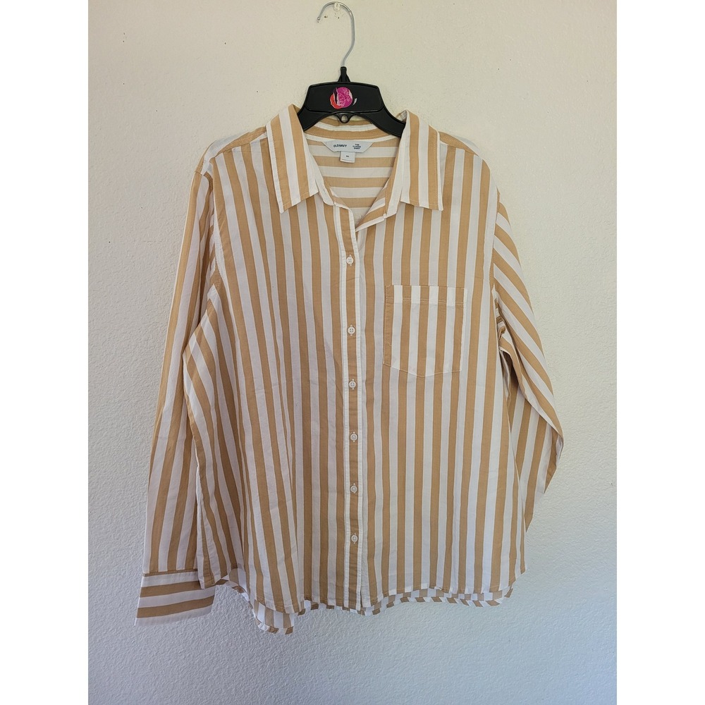 Old Navy The Classic Shirt XL Tan White Striped Button Down Long Sleeve #9